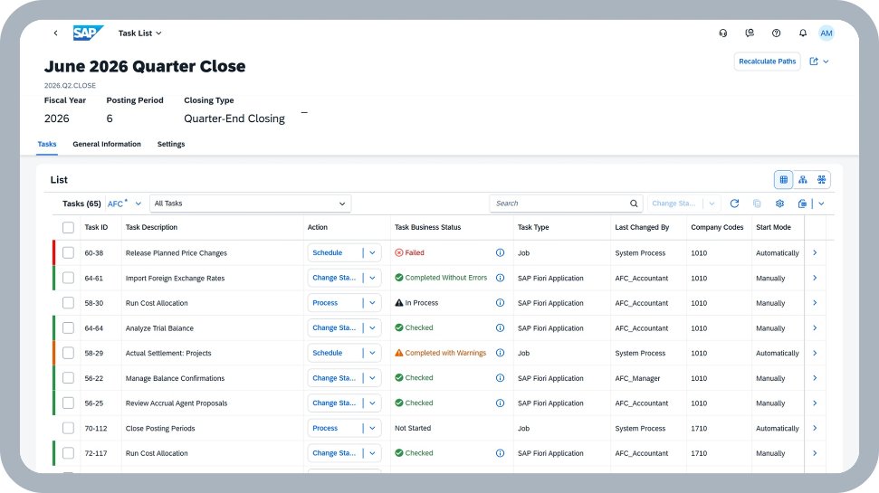 SAP Close Tasks List